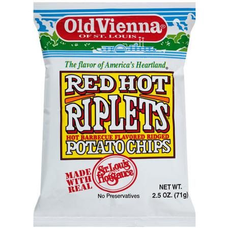 A white bag of potato chips with a red logo at the top.