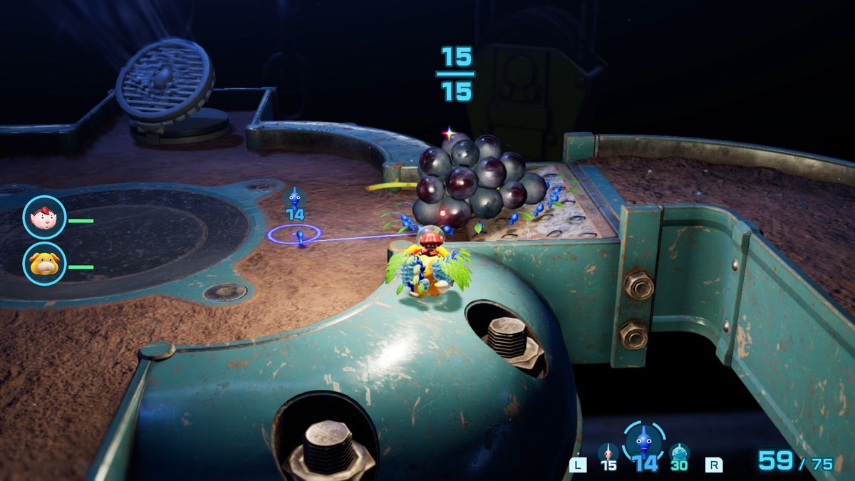 An underground level in Pikmin 4, showing Oatchi carrying a swarm of Pikmin on its back