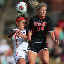 Texas Tech's Carly Wickenheiser (33) and Utah's Eden Jacobsen (24) head the ball as the University of Utah defeated Texas Tech 1-0 in NCAA Tournament soccer action in Salt Lake City on Saturday, Nov. 12, 2016.