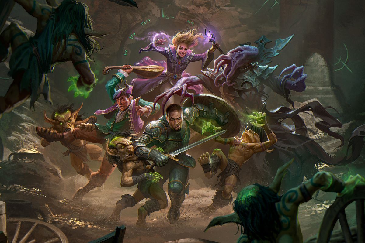 A team of adventurers, including a mage, a fighter out front, and a bard in purple garb wielding a lute, plow through a mob of goblins inside a cave. Key art from D&amp;D’s Phandelver and Below.
