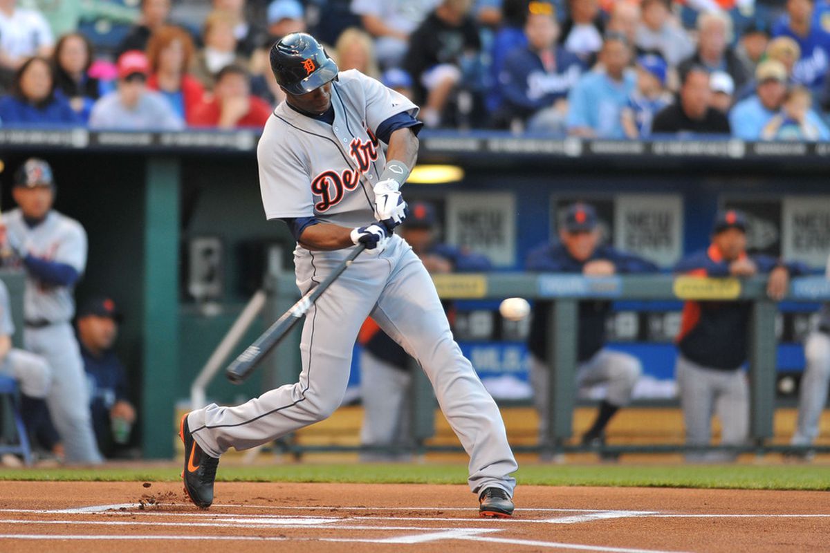 April 16, 2012; Kansas City, MO, USA; Detroit Tigers center fielder Austin Jackson (14) connects for a home run in the first inning against the Kansas City Royals at Kauffman Stadium. 