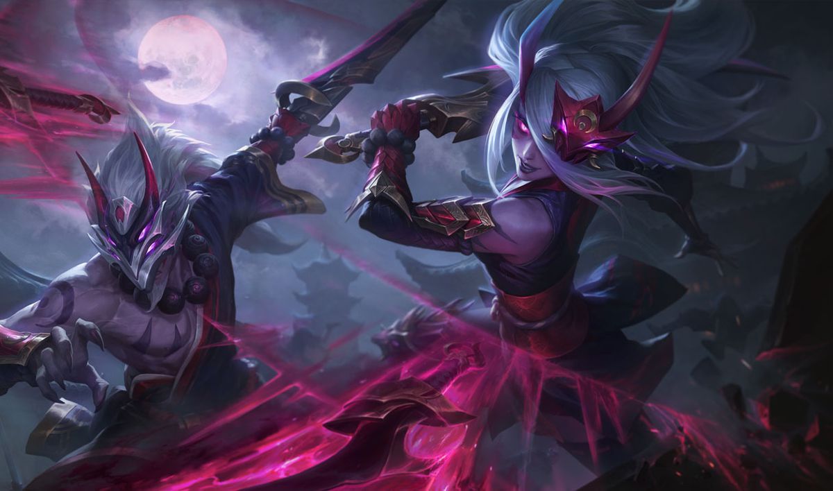 Master Yi and Katarina fight side-by-side under the moonlit sky