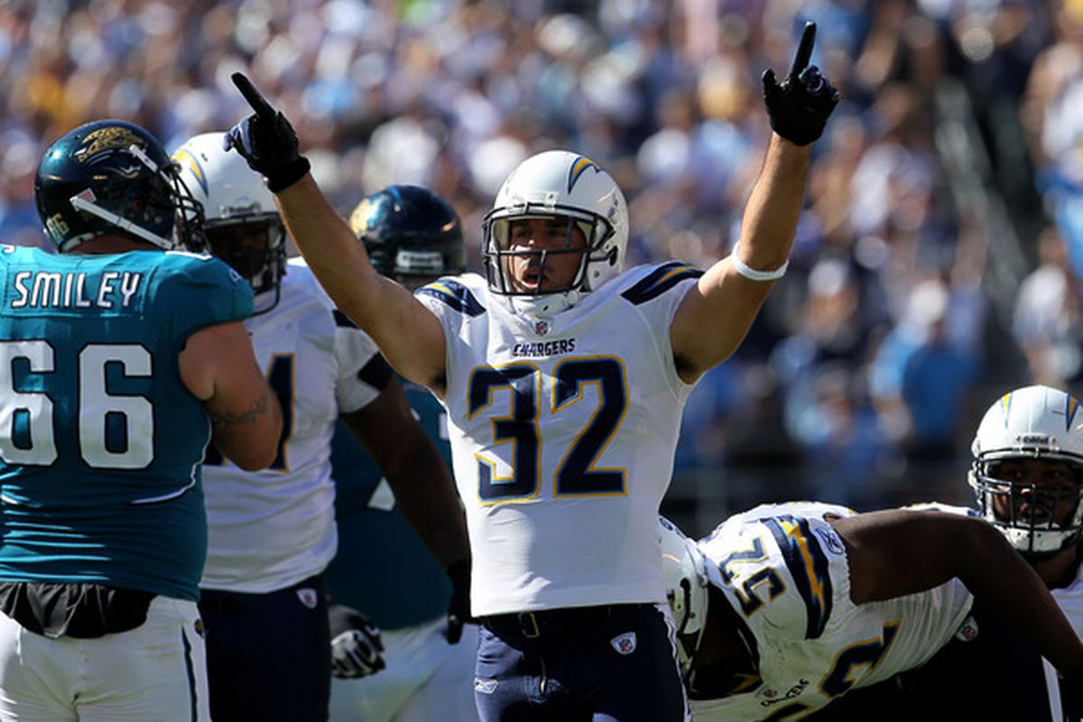 SAN DIEGO:  Safety Eric Weddle #32 of the San Diego Chargers celebrates a sack against the Jacksonville Jaguars at Qualcomm Stadium in San Diego California. The Chargers won 38-13.  (Photo by Stephen Dunn/Getty Images)