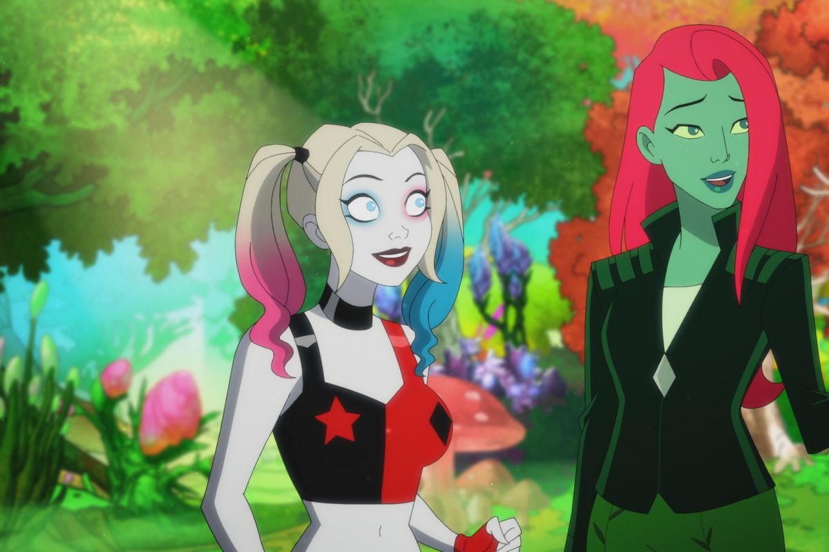 Harley Quinn and Poison Ivy stand in the woods in Harley Quinn season 3