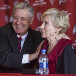 University of Utah athletic director Chris Hill jokes with his wife, Kathy Hill, during a press conference regarding his retirement after 31 years in the position at Jon M. Huntsman Center in Salt Lake City on Monday, March 26, 2018. Hill was 37 years old when he took the position in 1987.