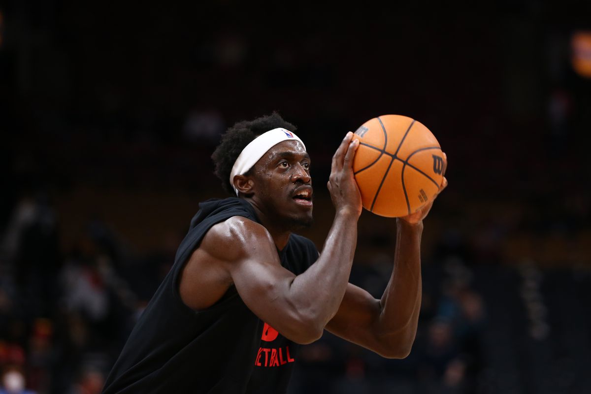 Pascal Siakam #43 of the Toronto Raptors shoots the ball during warmups before the game against the Cleveland Cavaliers on November 5, 2021 at the Scotiabank Arena in Toronto, Ontario, Canada.