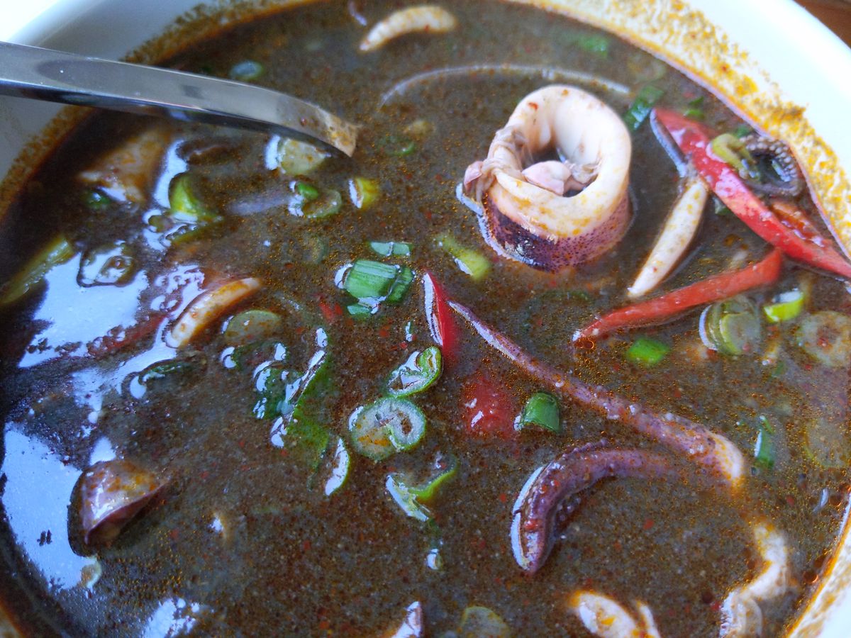 A black broth with squid rings, scallions, and red chiles on top.