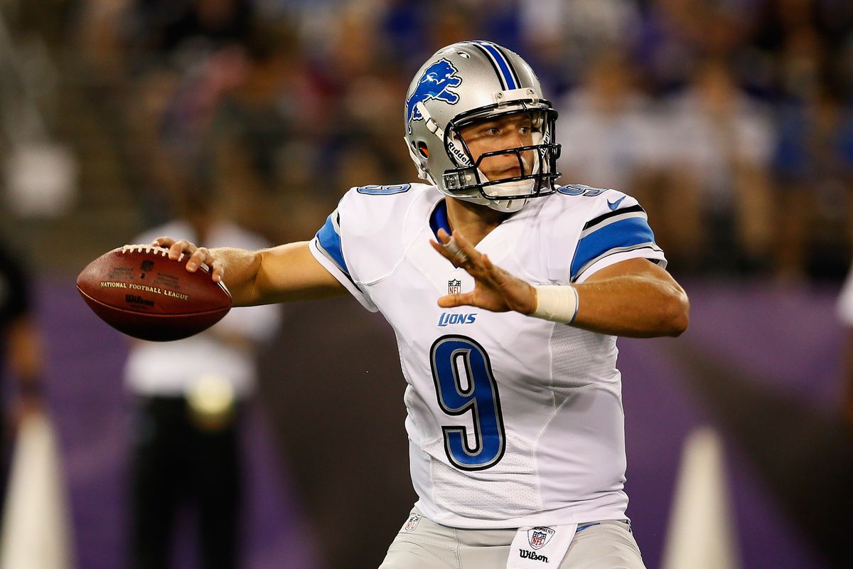 BALTIMORE, MD - AUGUST 17: Quarterback Matthew Stafford #9 of the Detroit Lions throws a pass against the Baltimore Ravens at M&T Bank Stadium on August 17, 2012 in Baltimore, Maryland.  (Photo by Rob Carr/Getty Images)