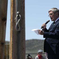 Daniel Mulhall, Ireland's ambassador to the U.S., speaks during the Golden Spike Sesquicentennial Celebration and Festival at Promontory Summit on Friday, May 10, 2019.