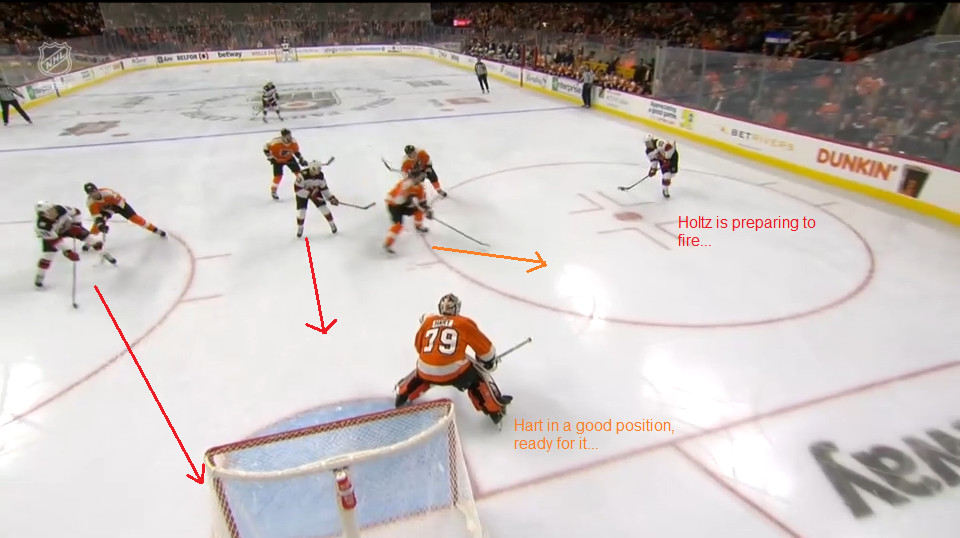 Holtz carries the puck to the right faceoff dot.