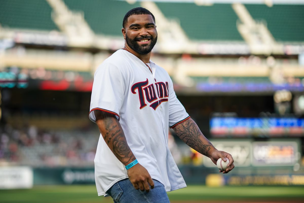 Gable Steveson throws out the first pitch at a recent Minnesota Twins game.