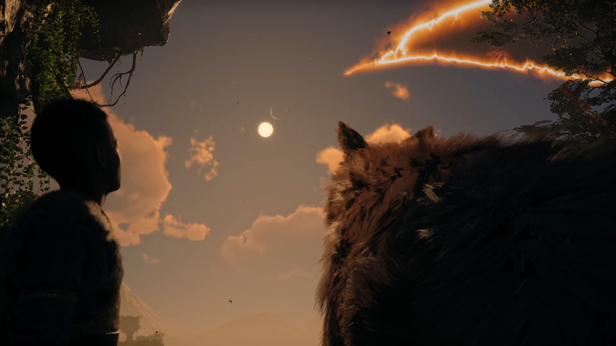 Atreus, a young teen boy, stares up in the sky as one of the two wolves, Skoll or Hati, fly through the air. The other wolf is standing next to Atreus in God of War Ragnarok.