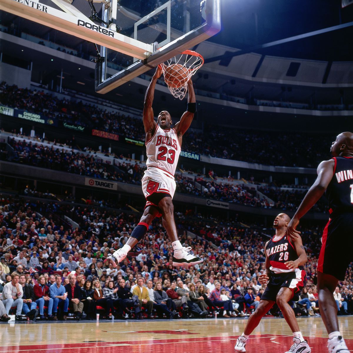 Michael Jordan dunks the ball against the Portland Trail Blazers on Novembe...