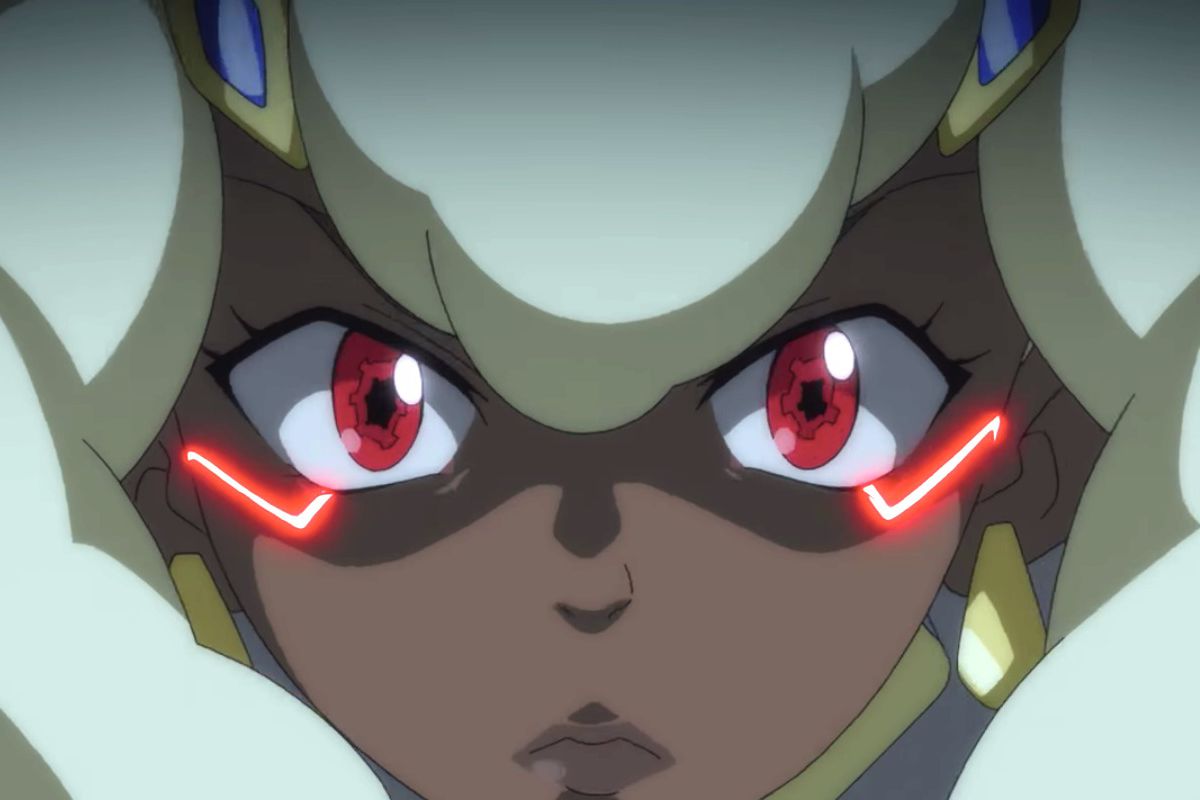 S.A.M. from Cannon Busters has a blank expression on her face. Two checkmark-like shapes on her cheeks are glowing red.