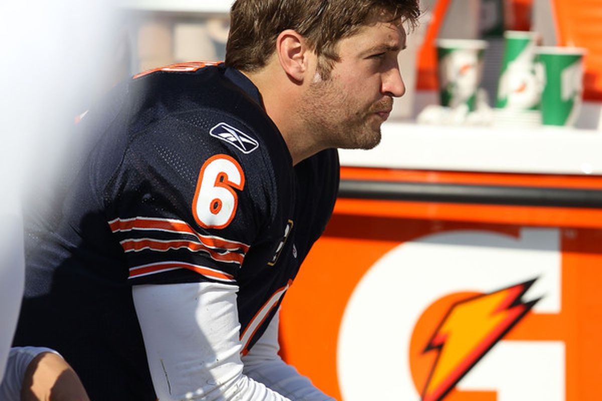 Jay Cutler of the Chicago Bears sits on the bench a game against the Washington Redskins at Soldier Field on October 24 2010 in Chicago Illinois. The "Pouty QB" has a great arm -- but is he a winner? (Photo by Jonathan Daniel/Getty Images) 