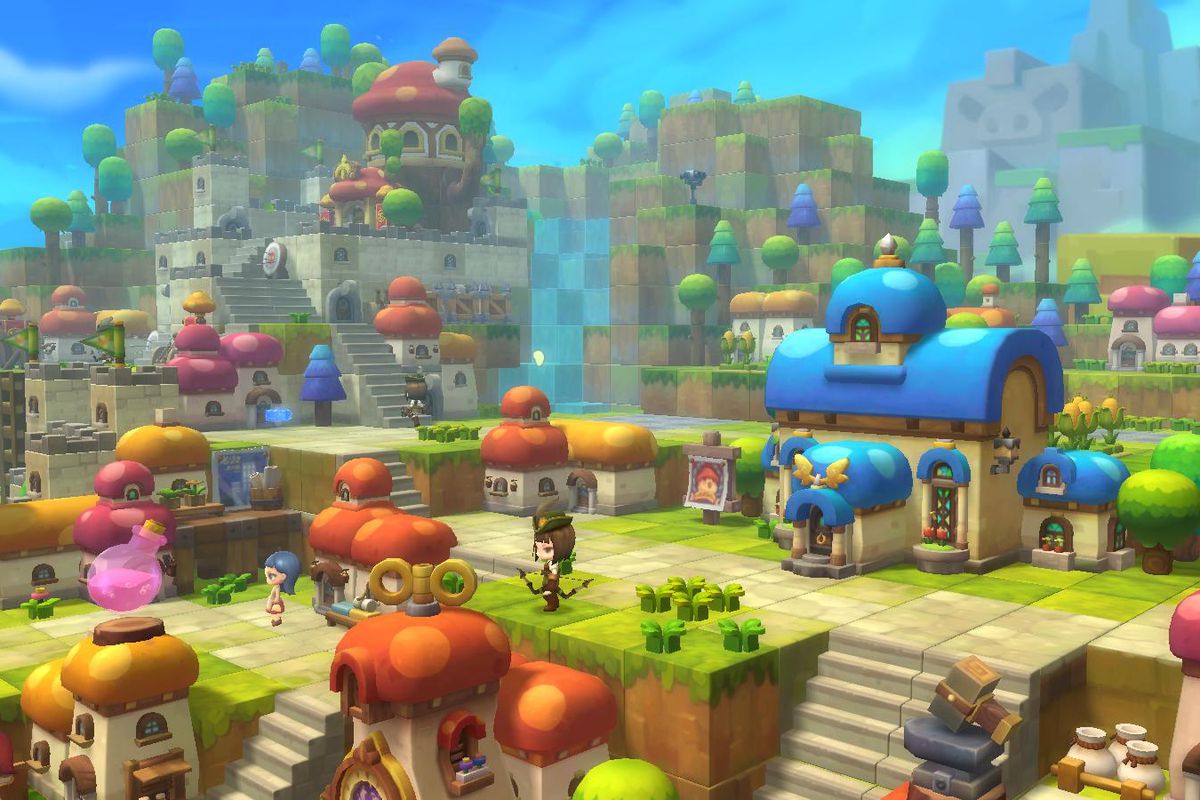 A series of houses among mushroom-filled hills in MapleStory 2