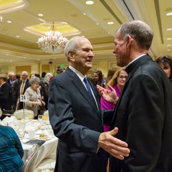 President Russell M Nelson visits with Archbishop John C. Wester of Santa Fe.