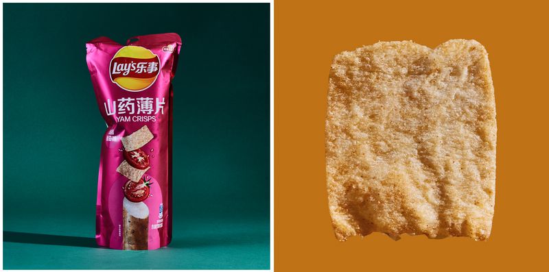 A bag of Lay’s Yam Crisps (Tomato Flavor) next to a chip.