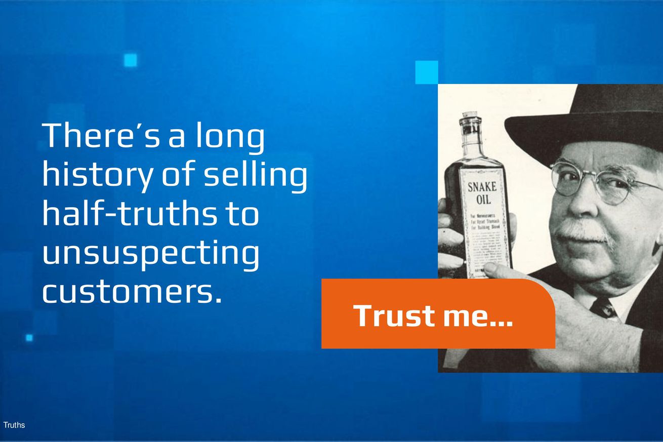 A slide in an Intel presentation with an image of snake oil salesperson