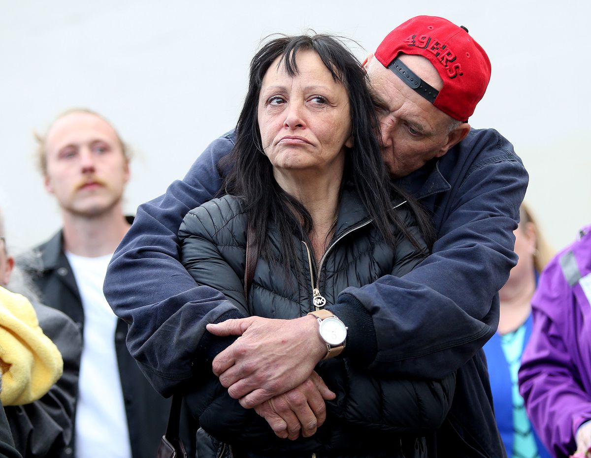 John Cornish hugs his wife, Gina Salazar, during the vigil which was held for Cami Shepherd in West Valley City in April.