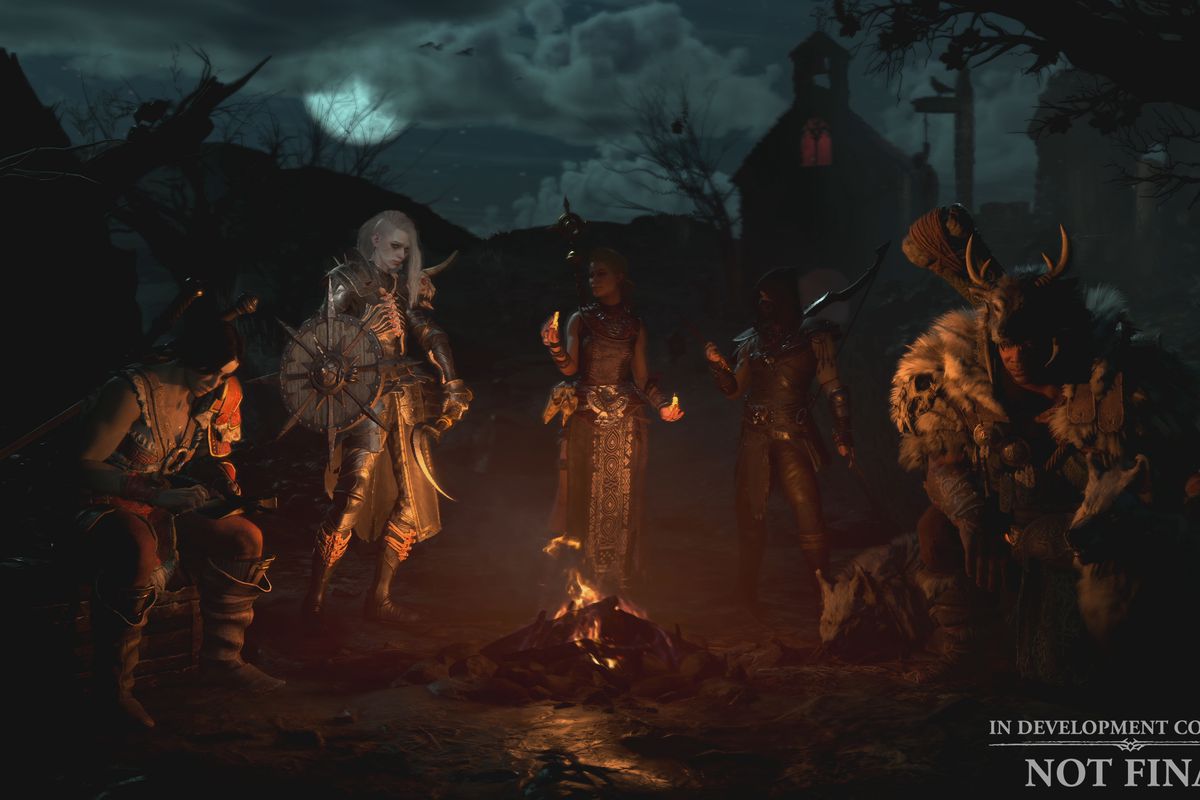 The character selection screen in Diablo 4, showing the Barbarian, Necromancer, Sorcerer, Rogue, and Druid gathered around a campfire at night