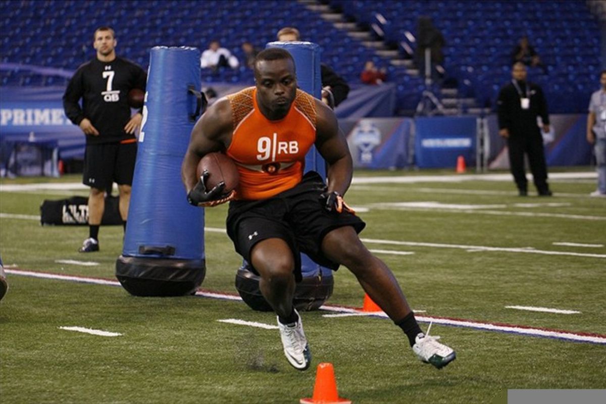 Feb 26, 2012; Indianapolis, IN, USA; Baylor Bears running back Terrance Ganaway does running drills during the NFL Combine at Lucas Oil Stadium. Mandatory Credit: Brian Spurlock-US PRESSWIRE