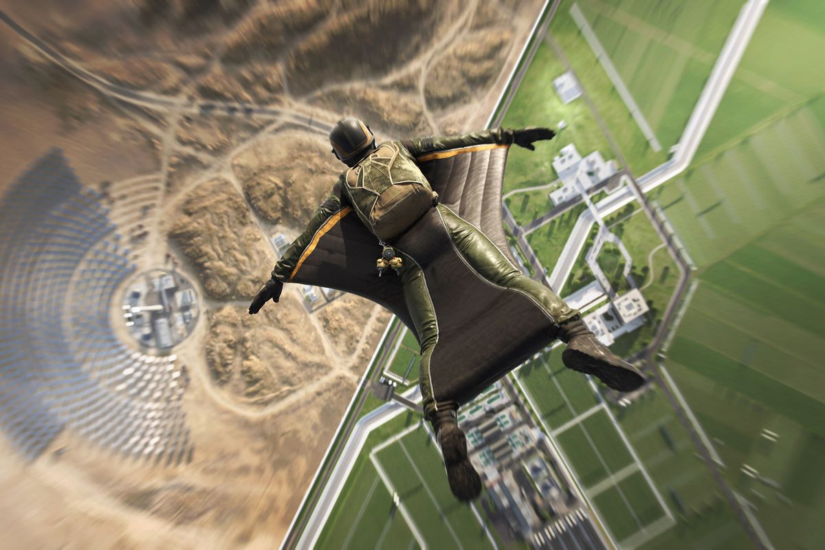 A player dives in a wingsuit over Egypt, in Battlefield 2042’s Renewal map