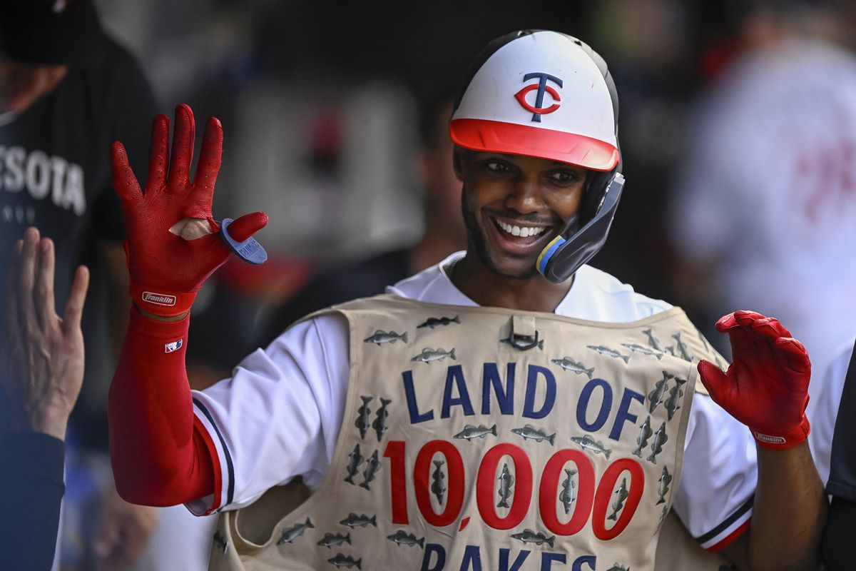 Minnesota Twins outfielder Michael Taylor celebrates his solo home run during the fourth inning of a MLB game between the Minnesota Twins and Arizona Diamondback on August 5, 2023, at Target Field in Minneapolis, MN.