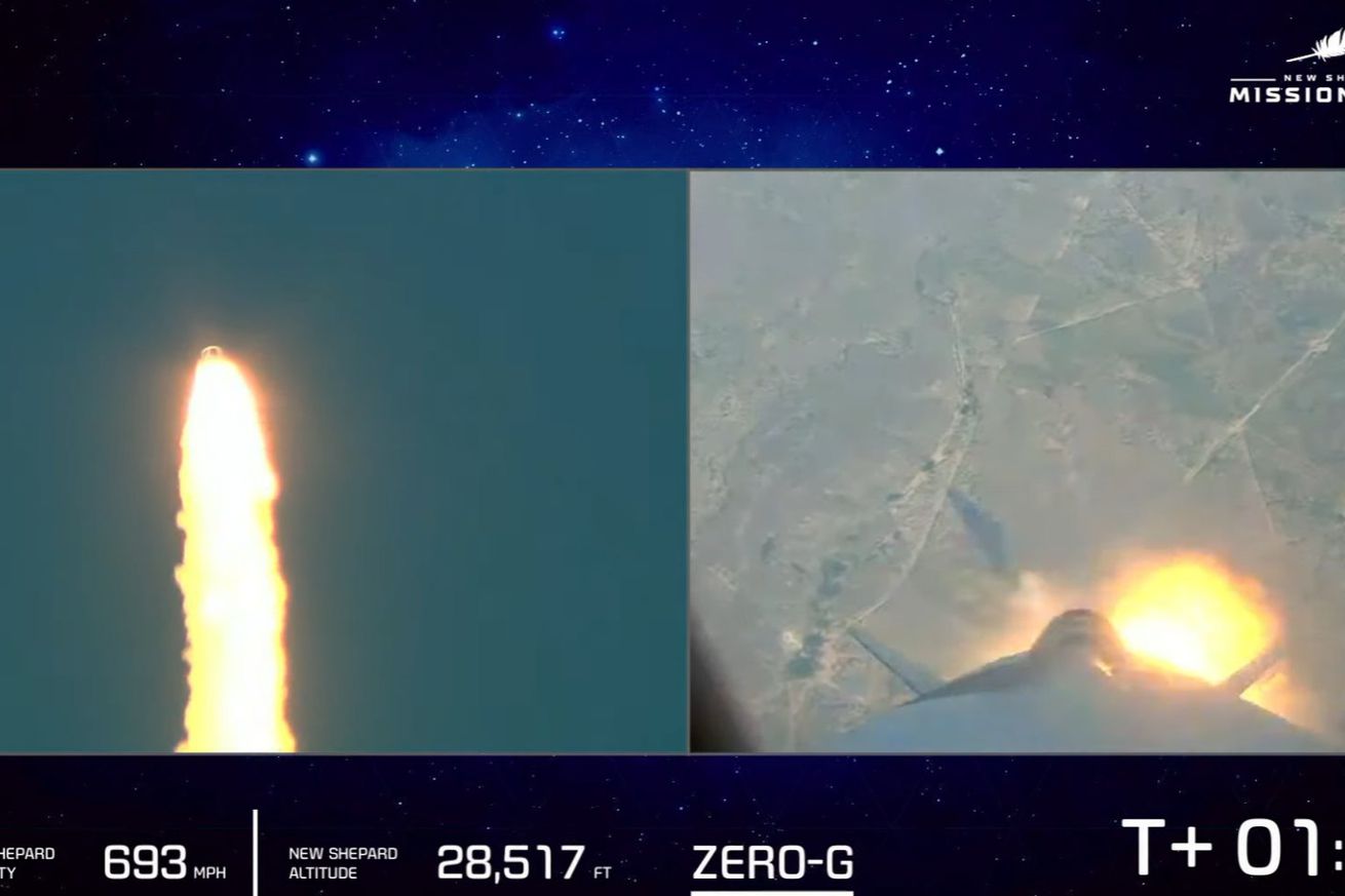 Crew capsule (with no one inside) for Blue Origin’s NS-23 launch shown trailing flame as its solid rocket motor escape system fires, pulling the spacecraft away from the rocket after an unexpected launch issue.