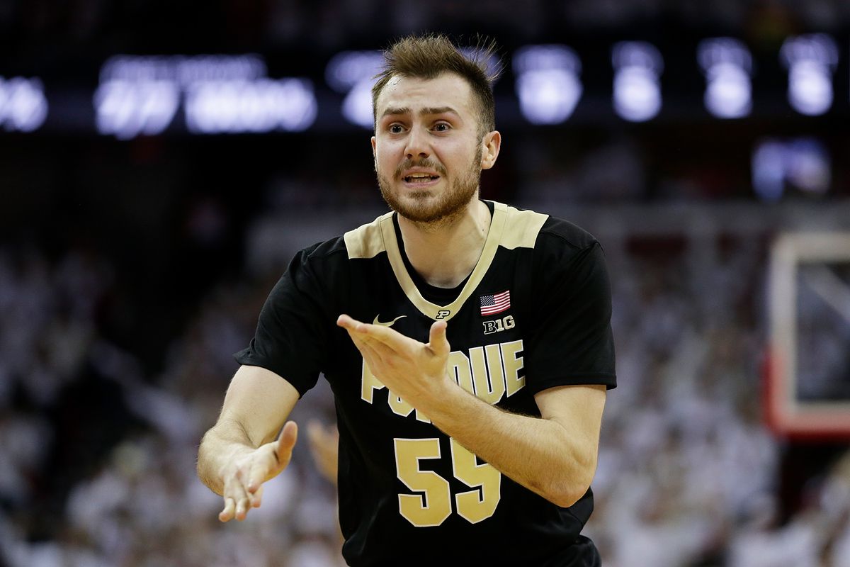 Sasha Stefanovic of the Purdue Boilermakers reacts to call during the first half of the game against the Wisconsin Badgers at Kohl Center on March 01, 2022 in Madison, Wisconsin.