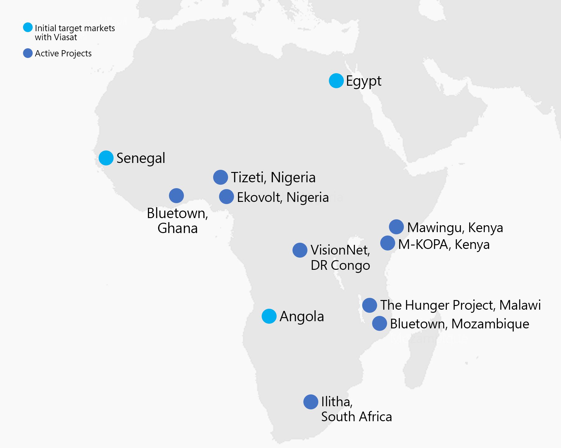 Mappa dell'Africa con punti su Senegal, Egitto, Ghana, Nigeria, Kenya, Repubblica Democratica del Congo, Angola, Malawi, Mozambico e Sudafrica.