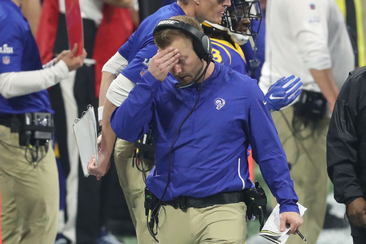 Los Angeles Rams Head Coach Sean McVay reacts during the fourth quarter of Super Bowl LIII against the New England Patriots, Feb. 3, 2019.