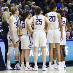The Towson Tigers take on the UConn Huskies in the first round of the 2019 NCAA Women’s Basketball Tournament in Storrs, CT on March 22, 2019.