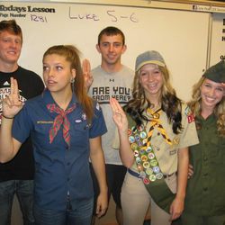 Braden Miles and Nick Emery with friends at seminary on Halloween Day 2012.