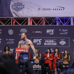 Conor McGregor stares at Khabib at UFC 229 ceremonial weigh-ins.