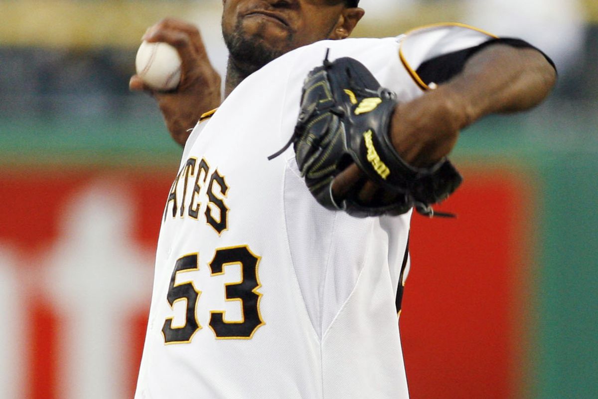 September 8, 2012; Pittsburgh, PA, USA; Pittsburgh Pirates starting pitcher James McDonald (53) pitches against the Chicago Cubs during the first inning at PNC Park. Mandatory Credit: Charles LeClaire-US PRESSWIRE