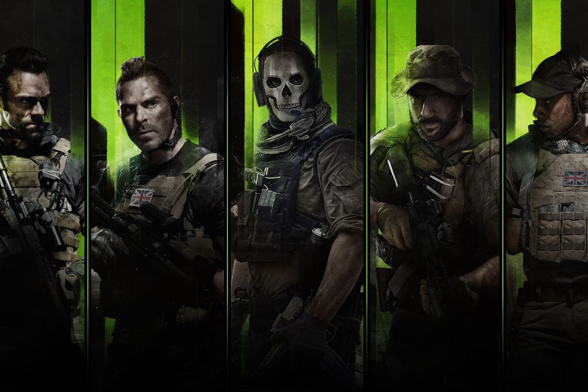 Five operatives stand as if they’re on the cover of a nu-metal band in key art for Call of Duty: Modern Warfare 2.