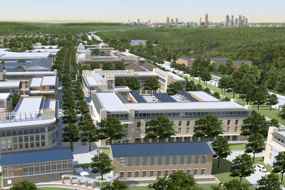 A rendering of the Fort Mac plans with white buildings and many trees.