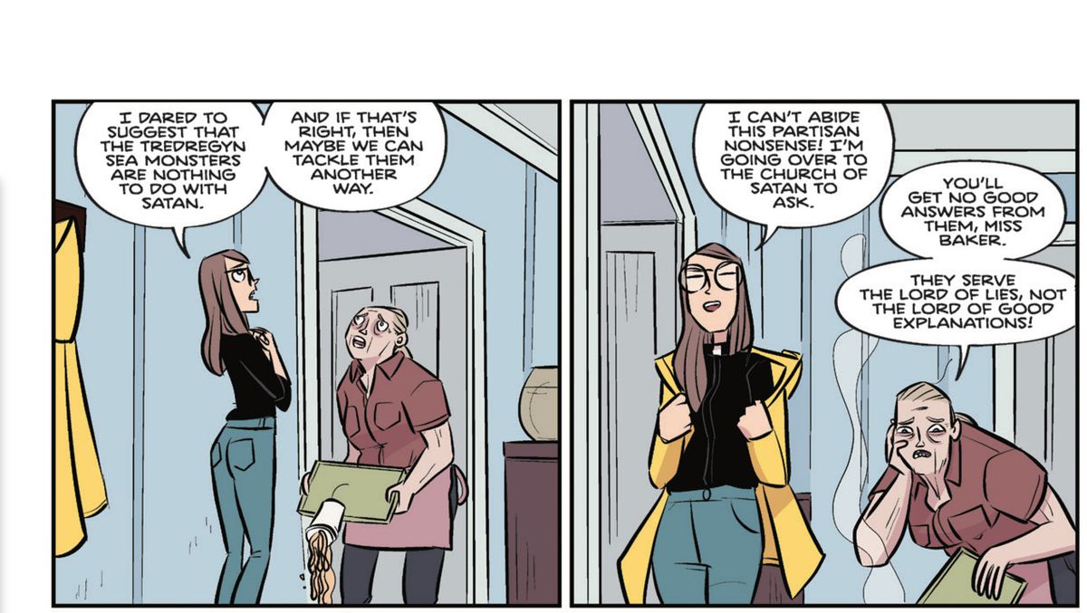 Billie says she’s going to go talk to the Satanists about the monsters, but the parish sexton replies “They serve the lord of lies, not the lord of good explanations!” in Steeple, Dark Horse Comics (2019). 