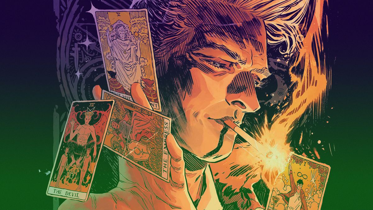 Graphic novel featuring a montage of character lit by the light of his cigarette and hands holding various Tarot cards