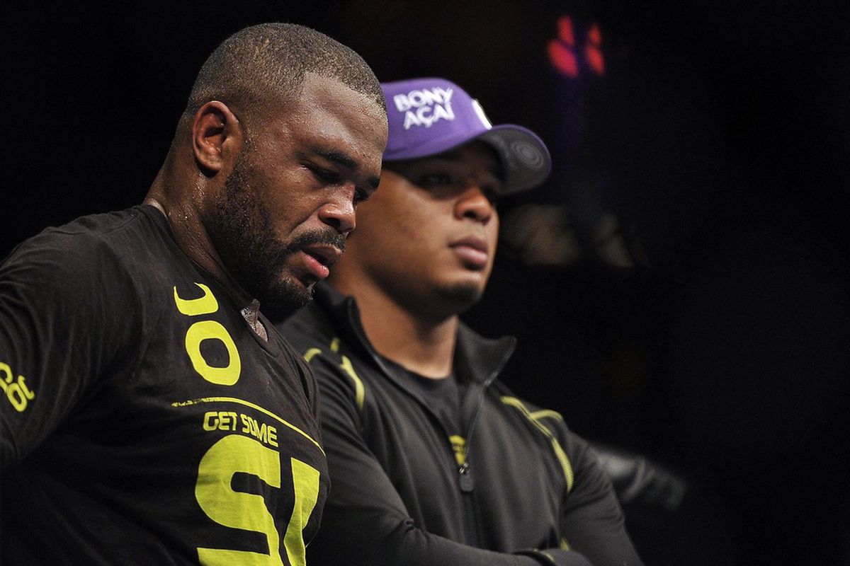 Apr 21, 2012; Atlanta, GA, USA; Rashad Evans reacts to losing to Jon Jones in the main event and light heavyweight title bout during UFC 145 at Philips Arena. Jon Jones won the bout by unanimous decision. Mandatory Credit: Paul Abell-US PRESSWIRE