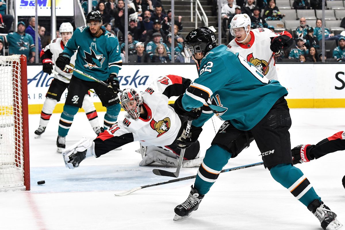 Kevin Labanc #62 of the San Jose Sharks takes a shot on goal against Craig Anderson #41 of the Ottawa Senators at SAP Center on March 7, 2020 in San Jose, California.