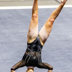 Utah’s Lucy Stanhope performs on the floor as Utah and UCLA compete in a gymnastics meet at the Huntsman Center in Salt Lake City on Friday, Feb. 19, 2021.