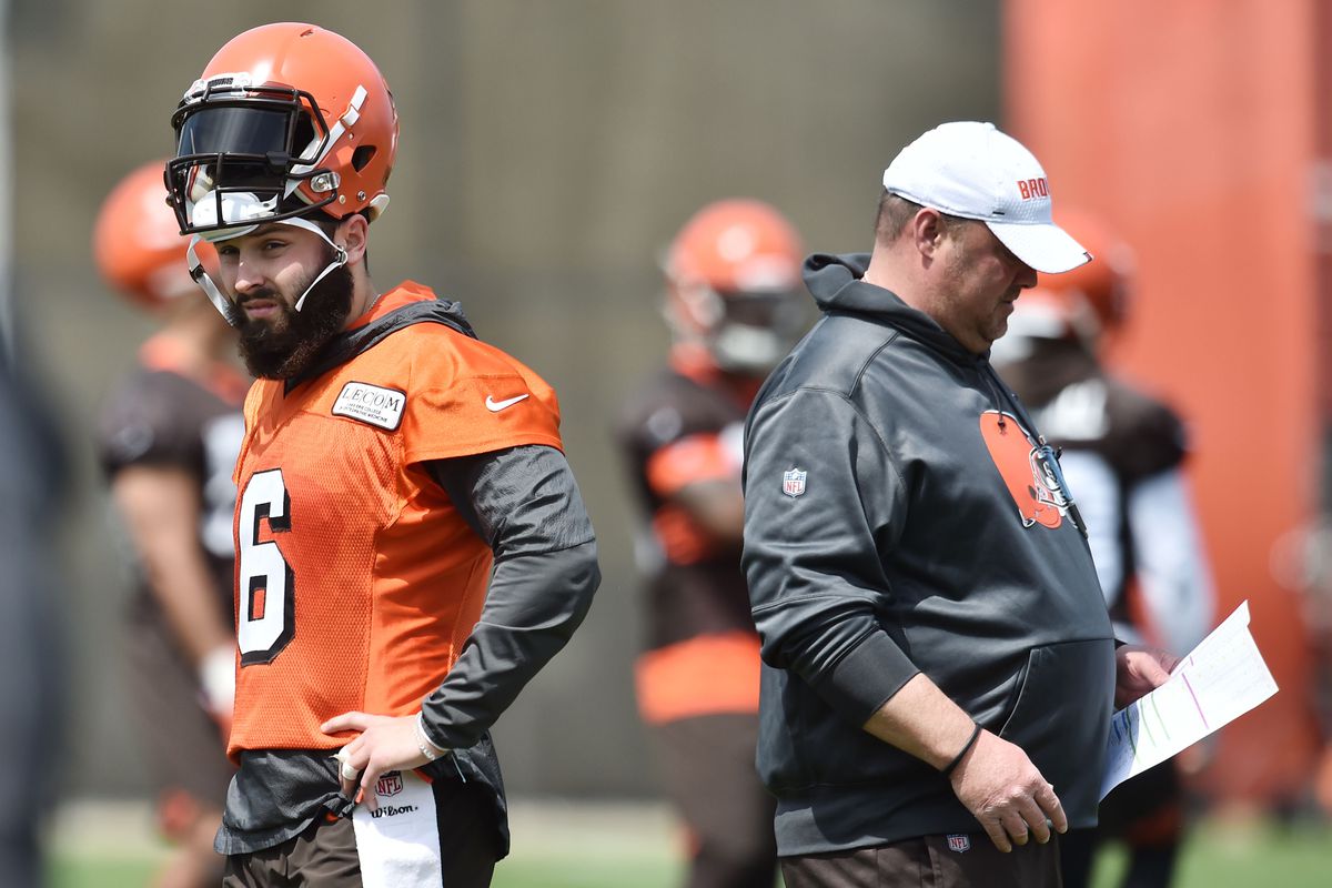 Cleveland Browns QB Baker Mayfield and HC Freddie Kitchens during organized team activities, May 15, 2019.