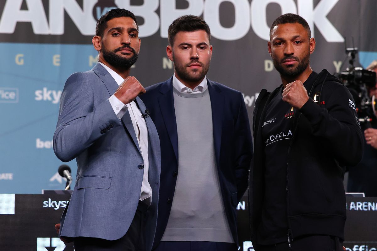 Amir Khan and Kell Brook go head to head alongside promoter Ben Shalom after a BOXXER press conference ahead of their fight at Manchester Central Convention Complex on February 17, 2022 in Manchester, England.