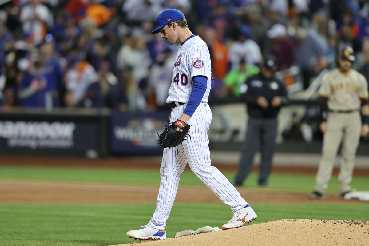 NY Mets pitcher Chris Bassitt on the mound during game three of wild card match against the Padres