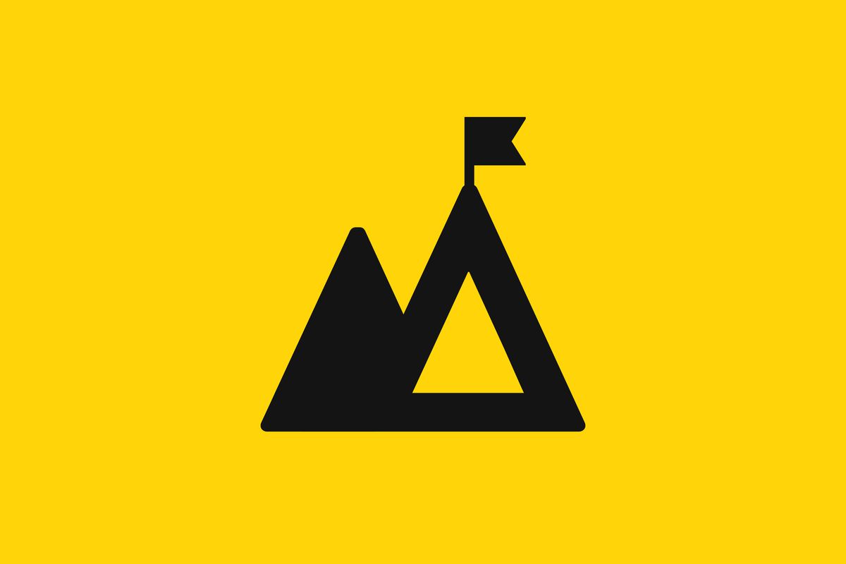 Backerkit’s logo, a series of mountains with a flag on one of its peaks, on a yellow background.