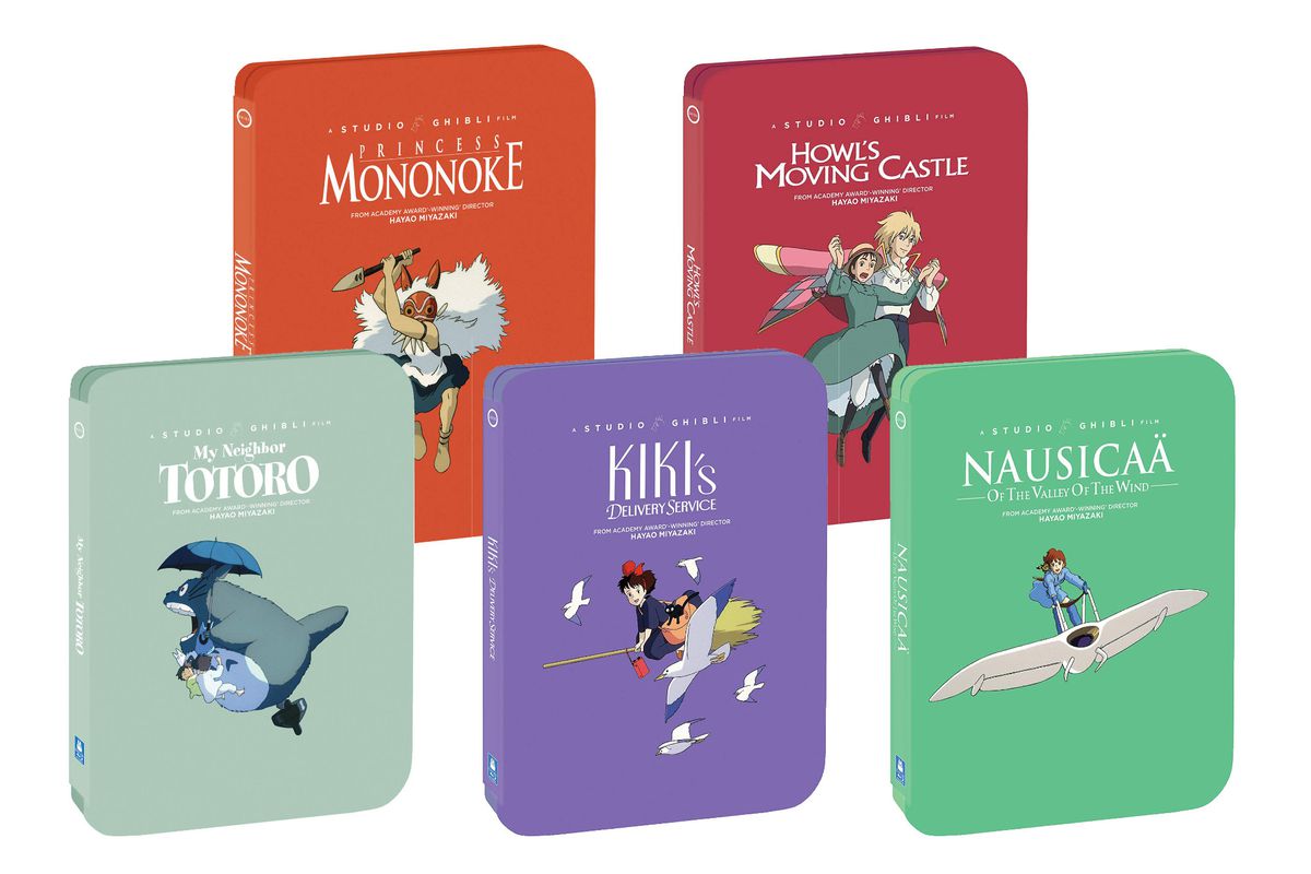 A screenshot showing five Studio Ghibli steelbook Blu-ray movies, including Kiki’s Delivery Service, Nausicaa, My Neighbor Totoro, Howl’s Moving Castle, and Princess Mononoke.