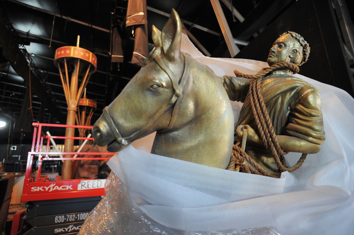 A replica of a statue of King George III, wrapped in plastic, part of “Hamilton: The Exhibition.” In 1776, following a reading of the Declaration of Independence, a group of New Yorkers descended on Bowling Green in lower Manhattan and pulled down the sta