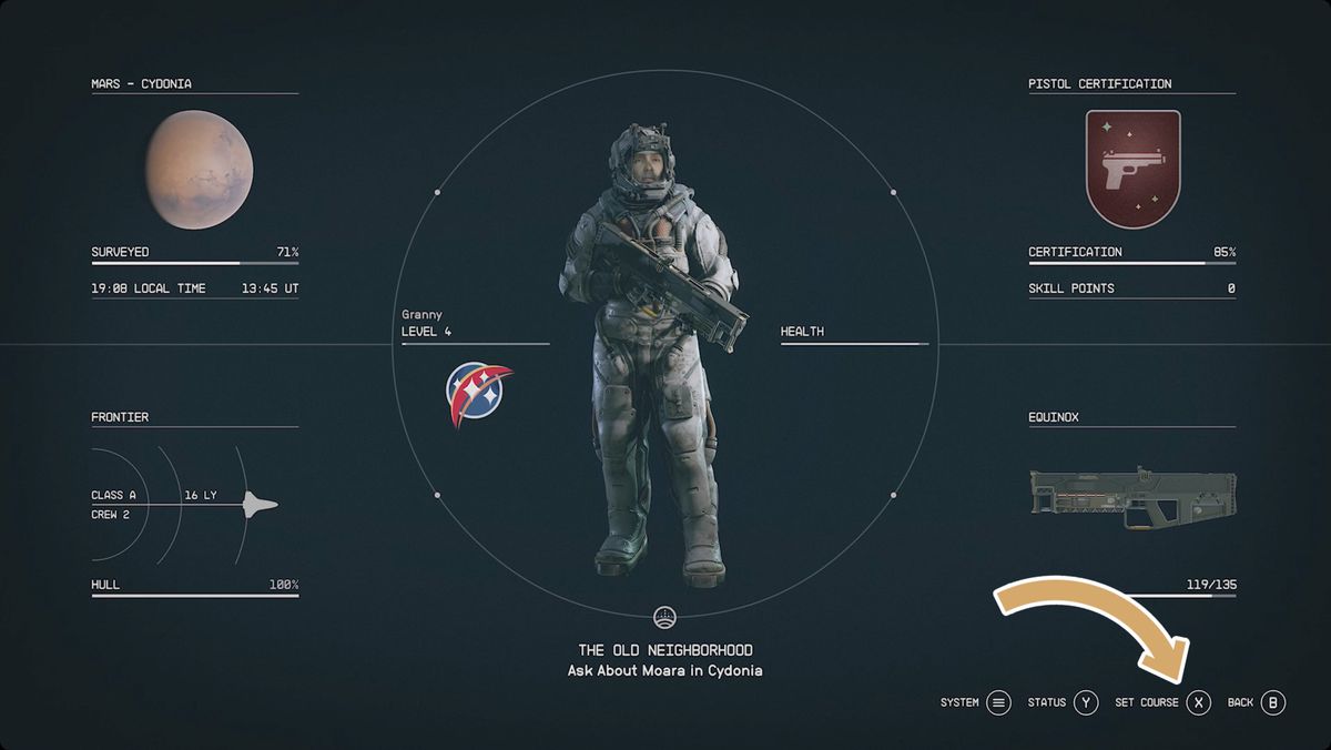 Starfield pause menu with an arrow highlighting the set course option to fast travel to the next mission objective